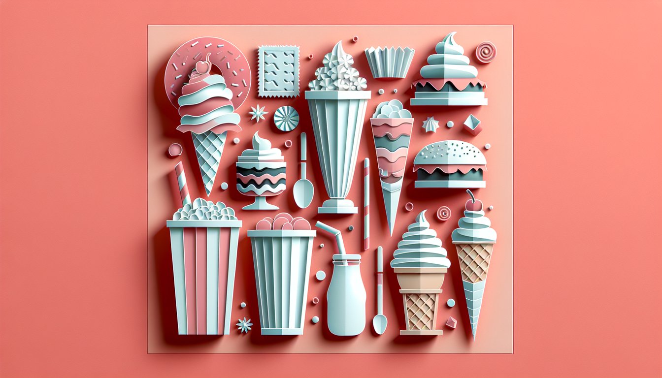 Paper art illustration of ice cream cone sundae blizzard burger icons on coral background for Dairy Queen trivia quiz