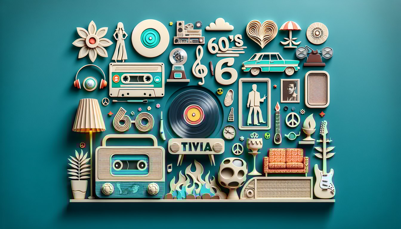 Paper art illustration of 1960 quiz with retro film reel, popcorn, trivia cards, clapperboard on teal background