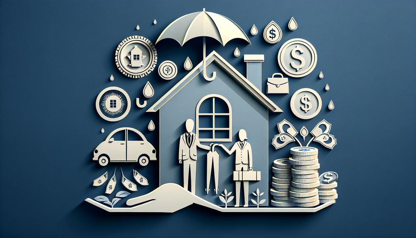 Paper art quiz with insurance icons clipboard coins shield rules risk management no commingling dark blue background