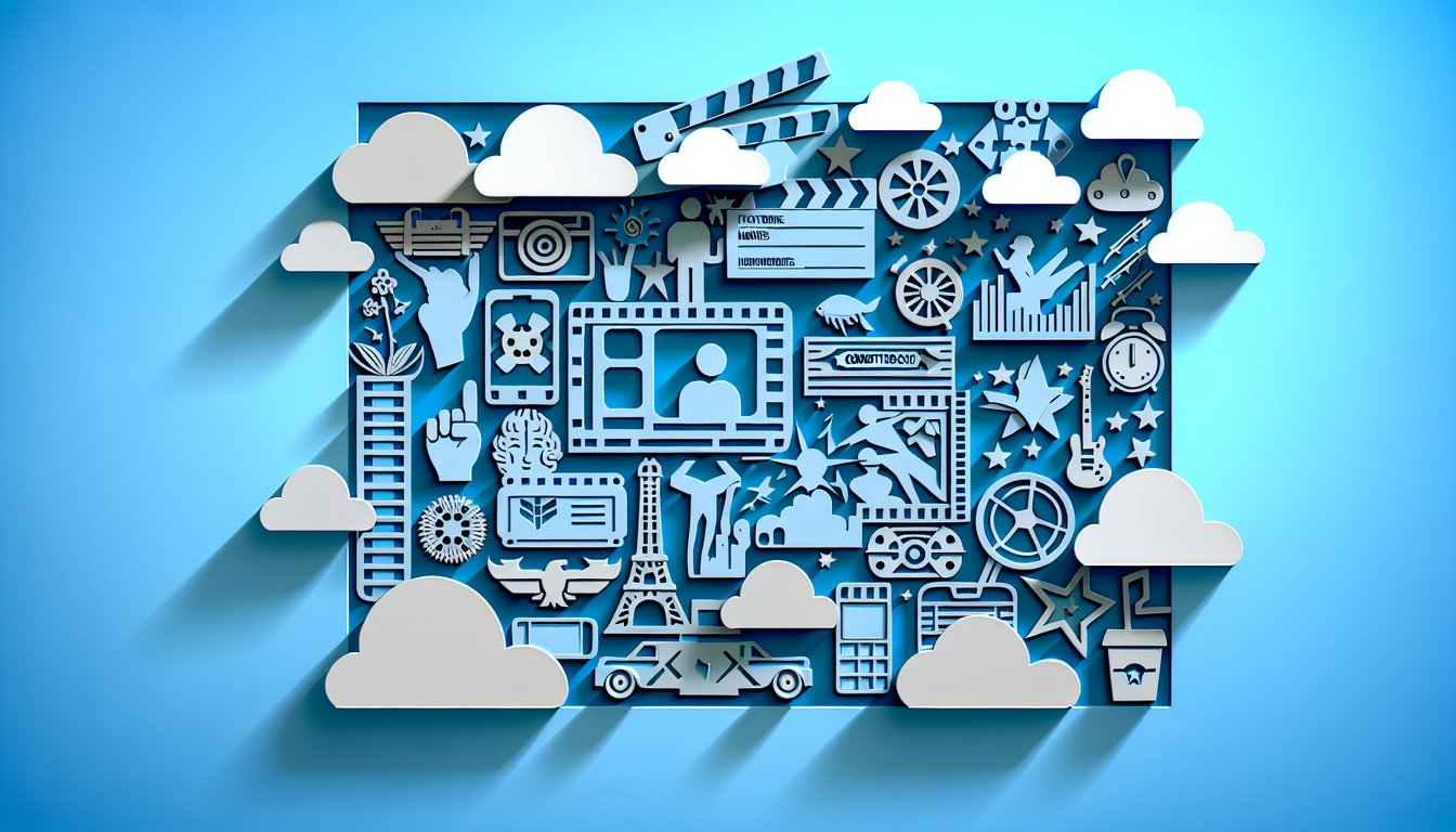 Paper art coworker quiz icons film reel headphones book chat bubble question mark on sky blue background