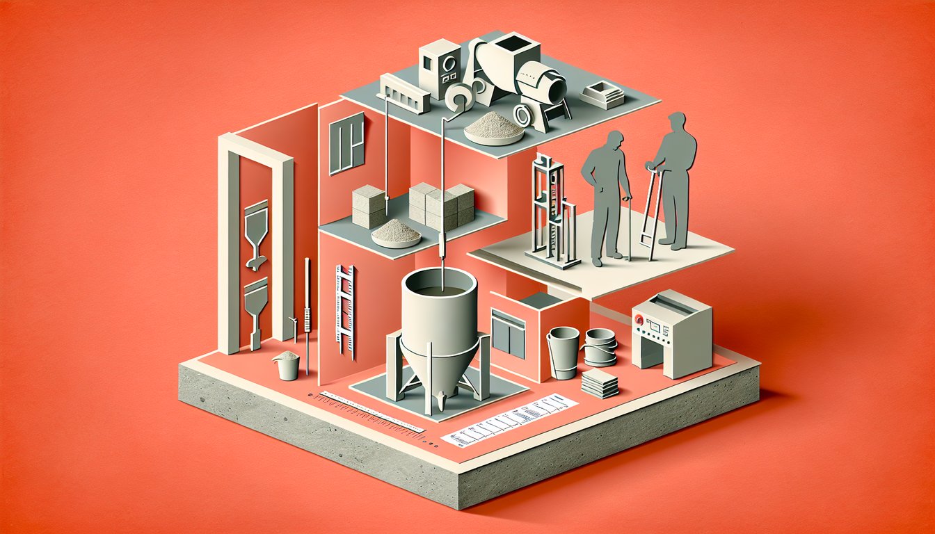 Paper cut art of cement bag, trowel, measuring cylinder and rebar on coral background quiz banner