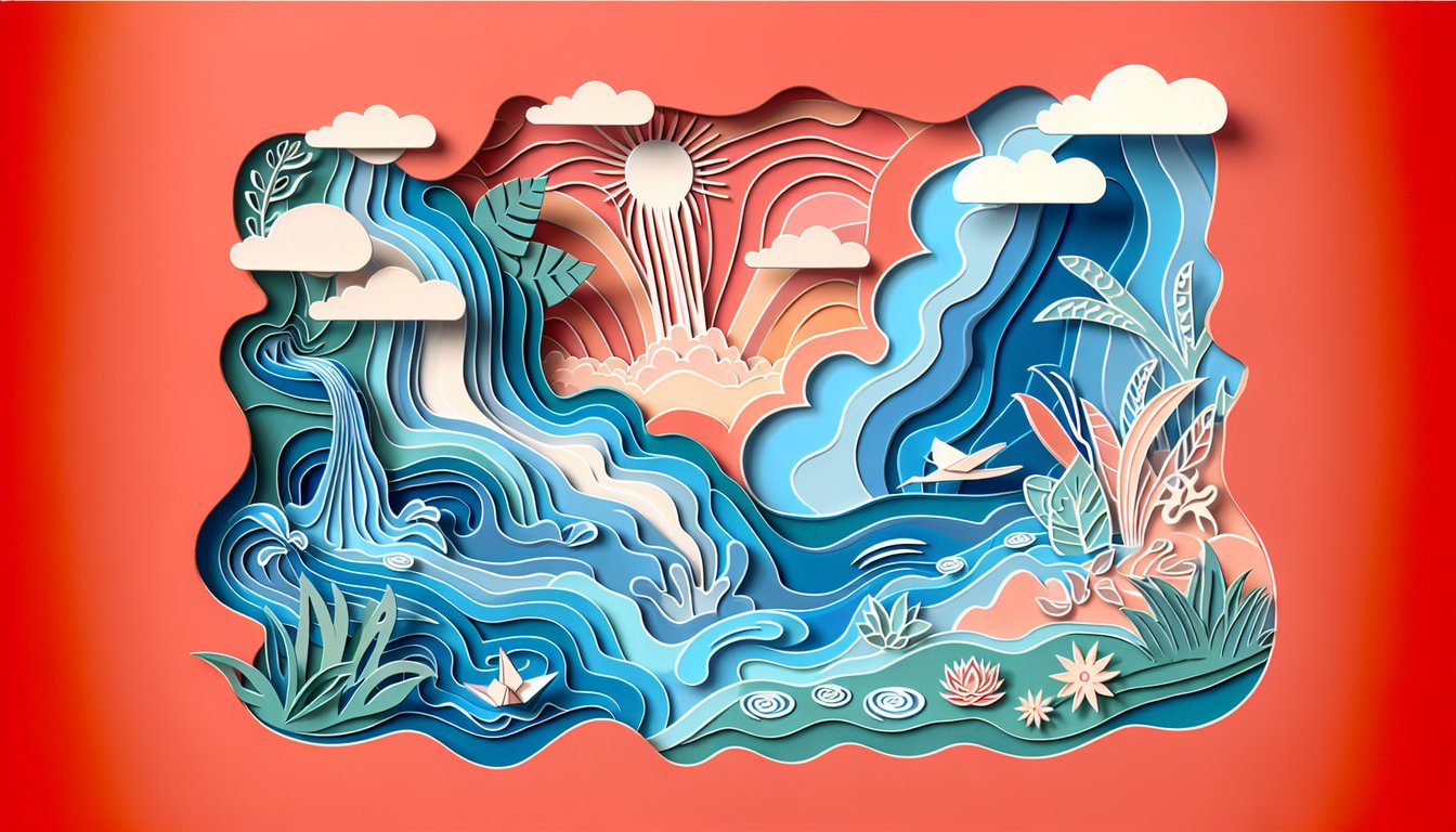 Paper art illustration for quiz matching your vibe with a body of water on a coral background
