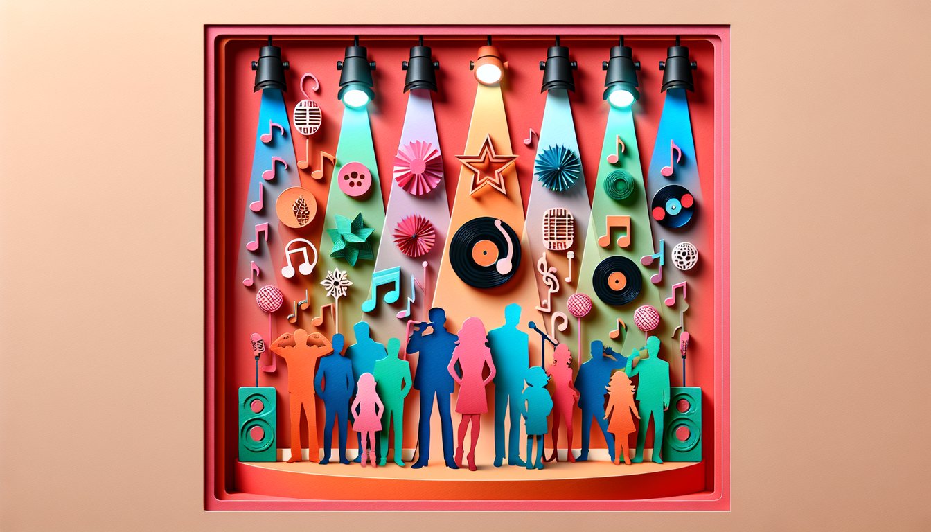 Layered paper art shapes of microphones, records, stars and silhouettes on coral background evoking a pop icon quiz