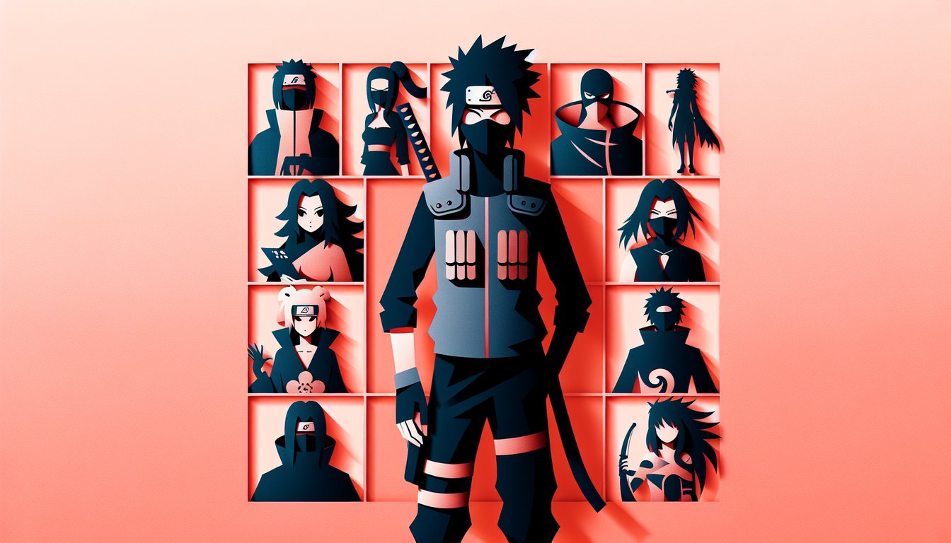 Paper art illustration for Naruto ninja personality quiz on a coral background