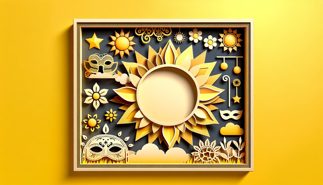 paper art collage featuring cheerful colorful characters on golden yellow background for vibrant sunshine quiz