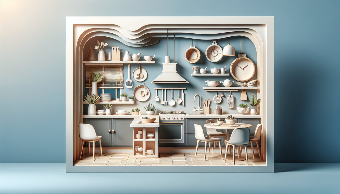 Paper cut kitchen scene with cabinets utensils stovetop mixer on sky blue background quiz style personality challenge