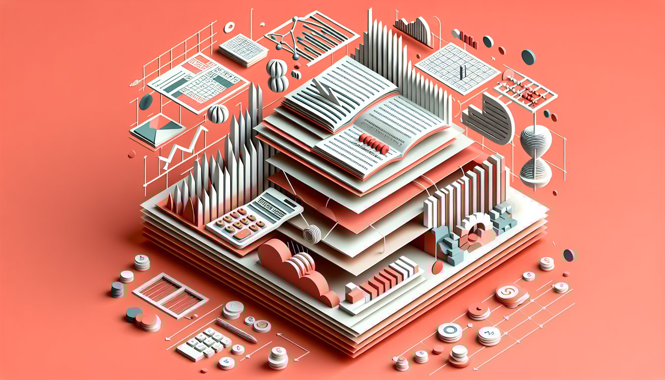 Paper art illustration of quiz theme accounting skills with ledger charts coins and inventory boxes on coral background