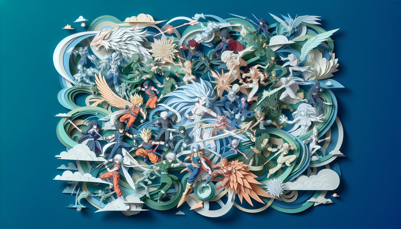 Teal background with paper cutout Servant silhouettes, swords, magic symbols, quiz title inviting Fate trivia challenge