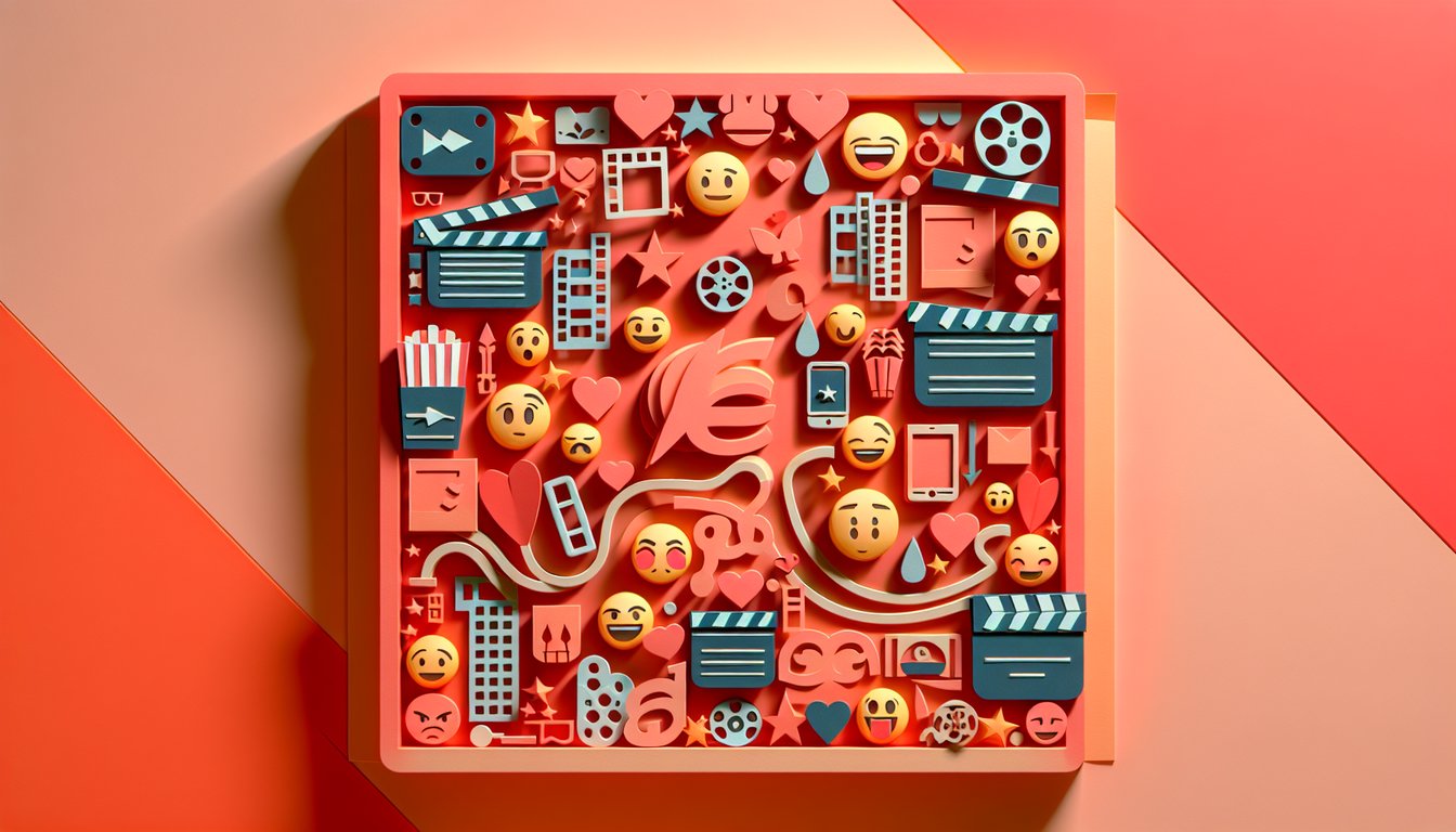 Paper art quiz illustration testing movie knowledge with emoji combos on a coral background