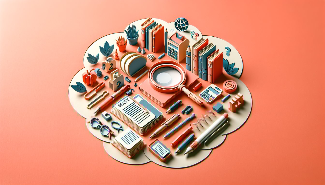Paper art of books and quiz icons on coral background for free SAT Section 5 critical reading and grammar quiz