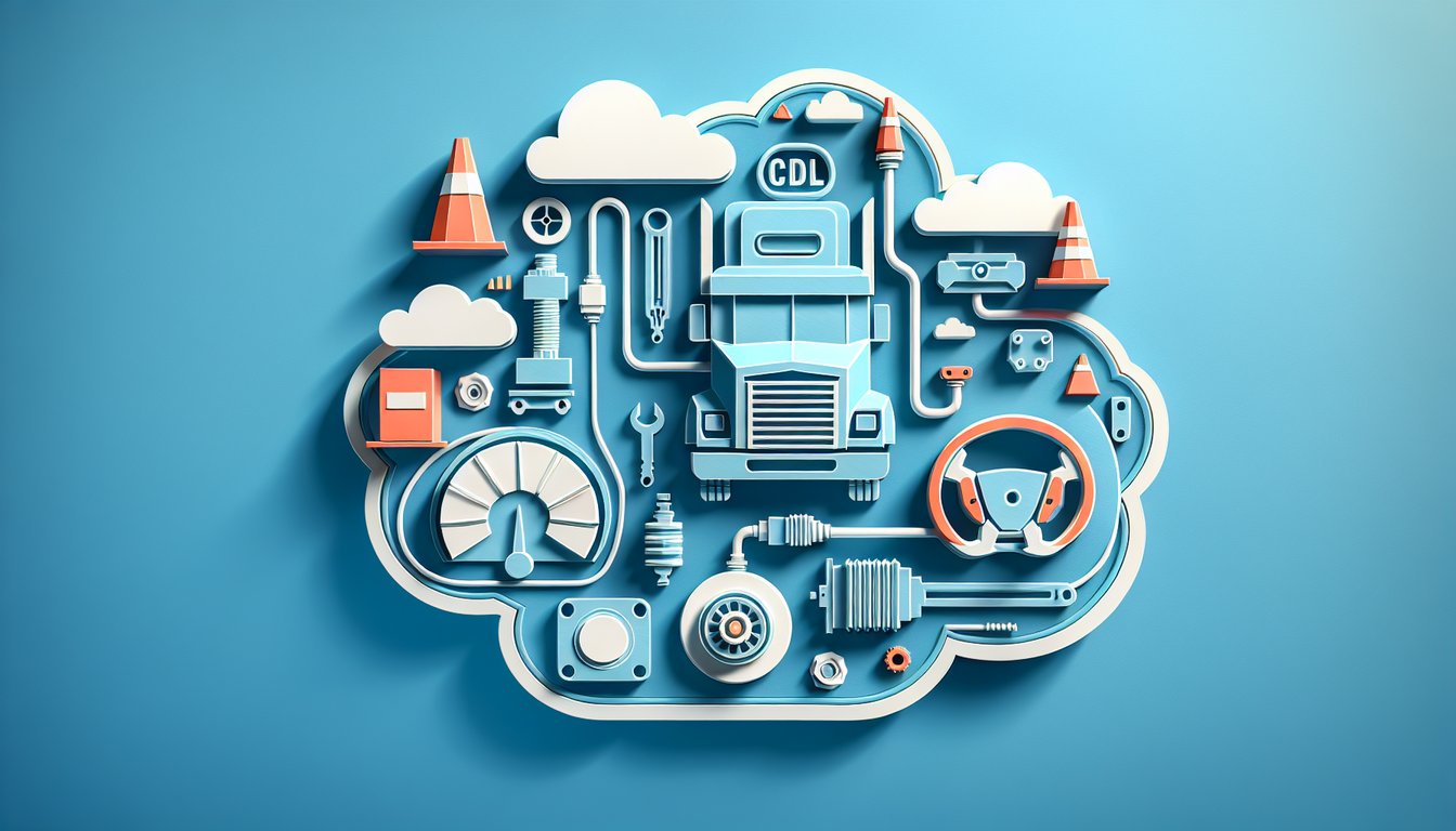 paper art illustration of air brake system parts and control icons on sky blue background promoting free CDL air brake quiz