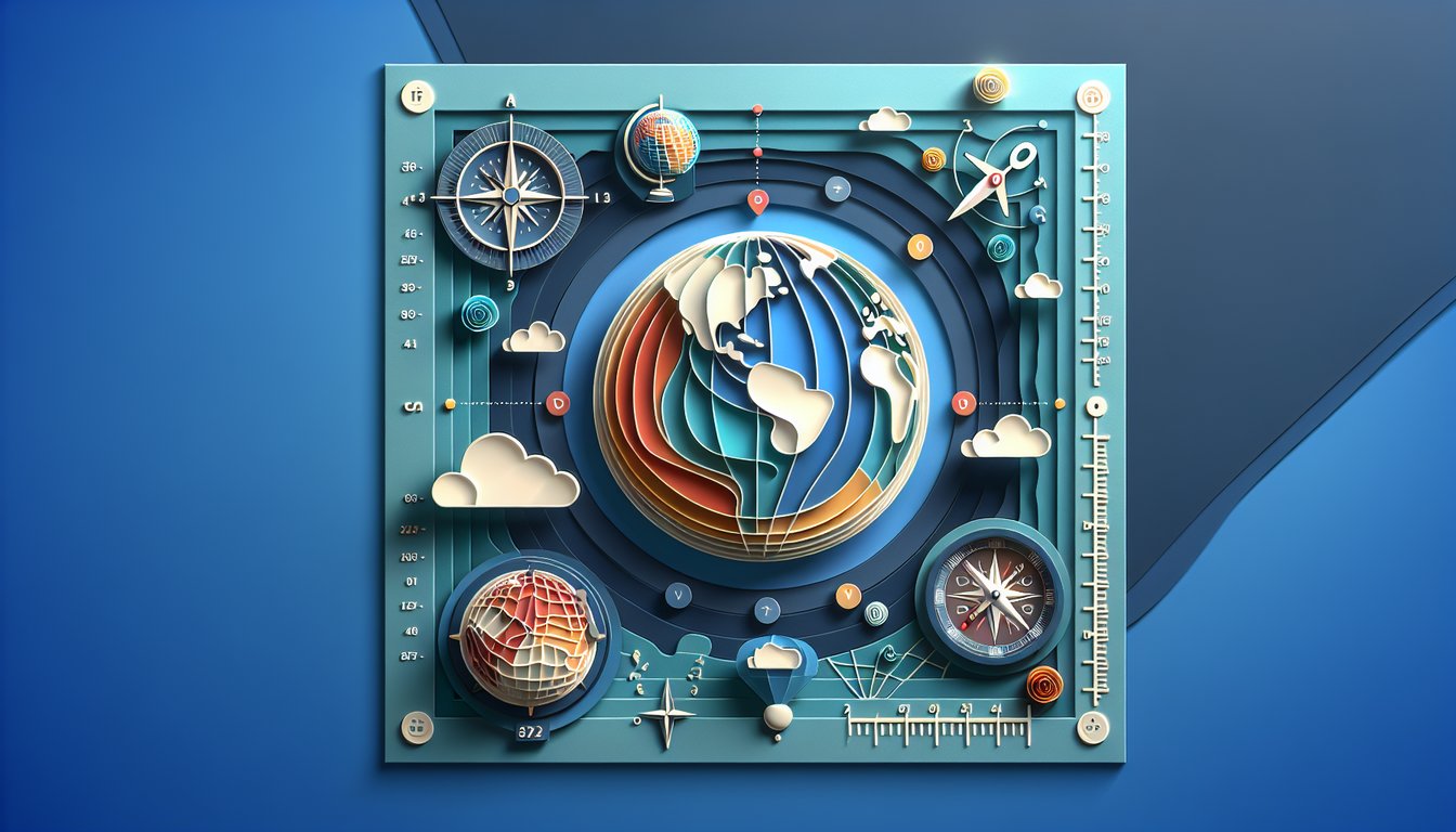 Paper art style world map with latitude longitude grid and compass on dark blue background for quiz
