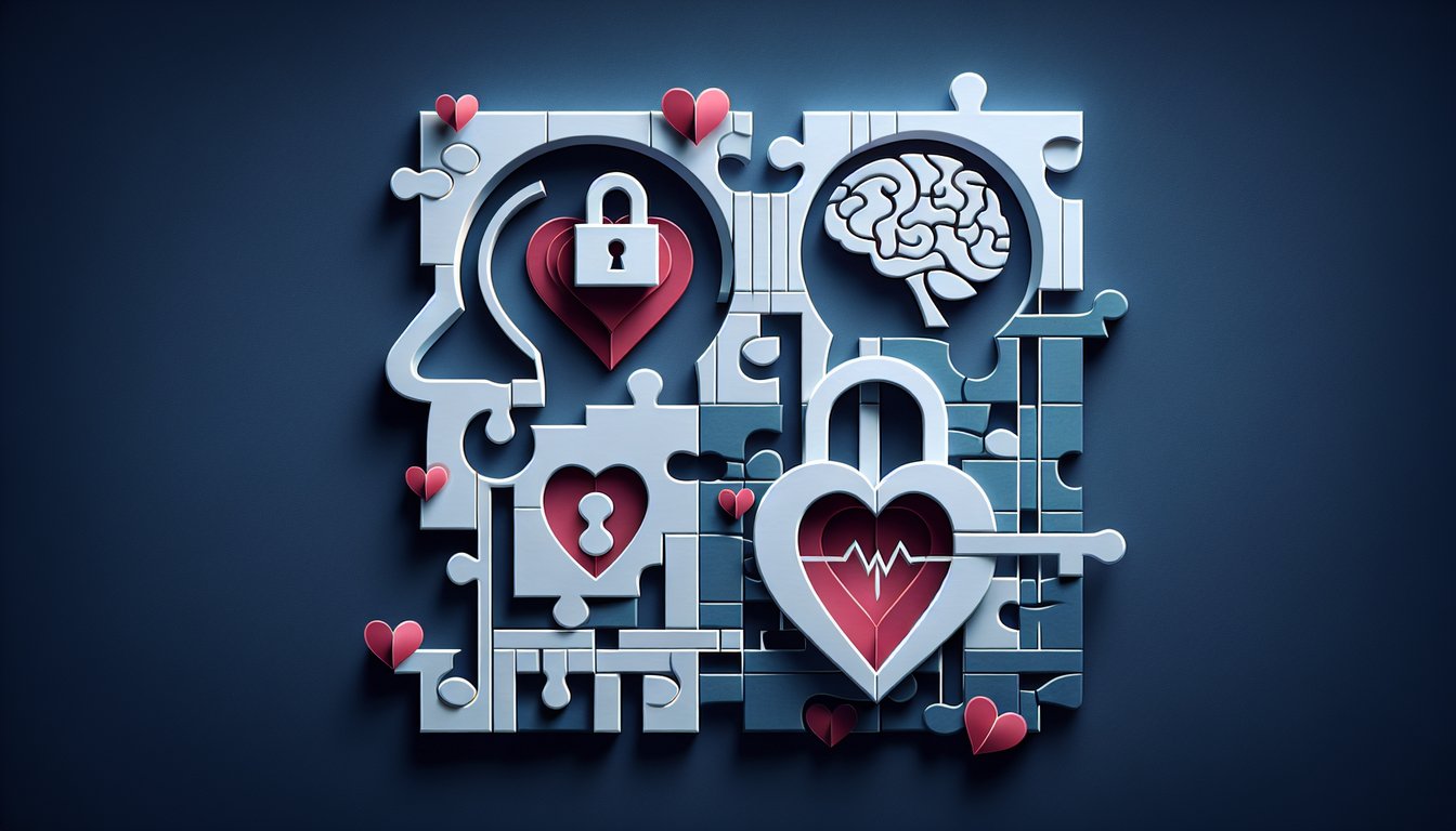 Paper art couple assembling heart puzzle pieces on compatibility quiz page against dark blue background
