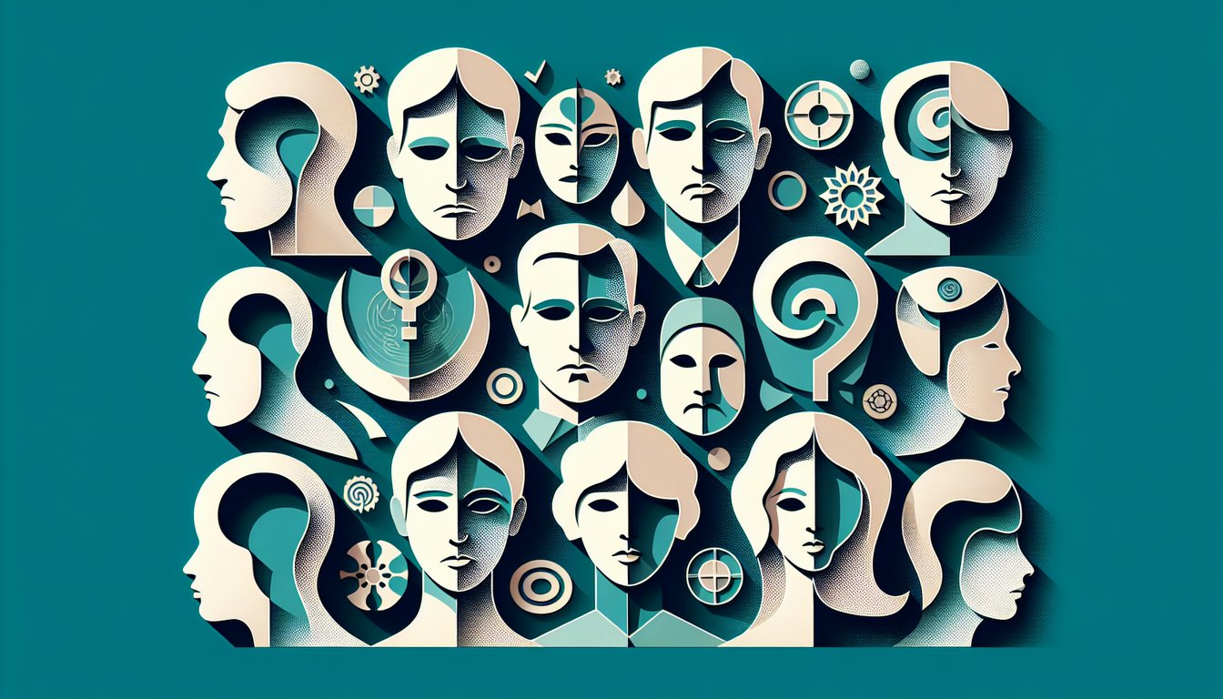 Paper art human profiles and abstract shapes with question mark on teal background for psychological archetype quiz
