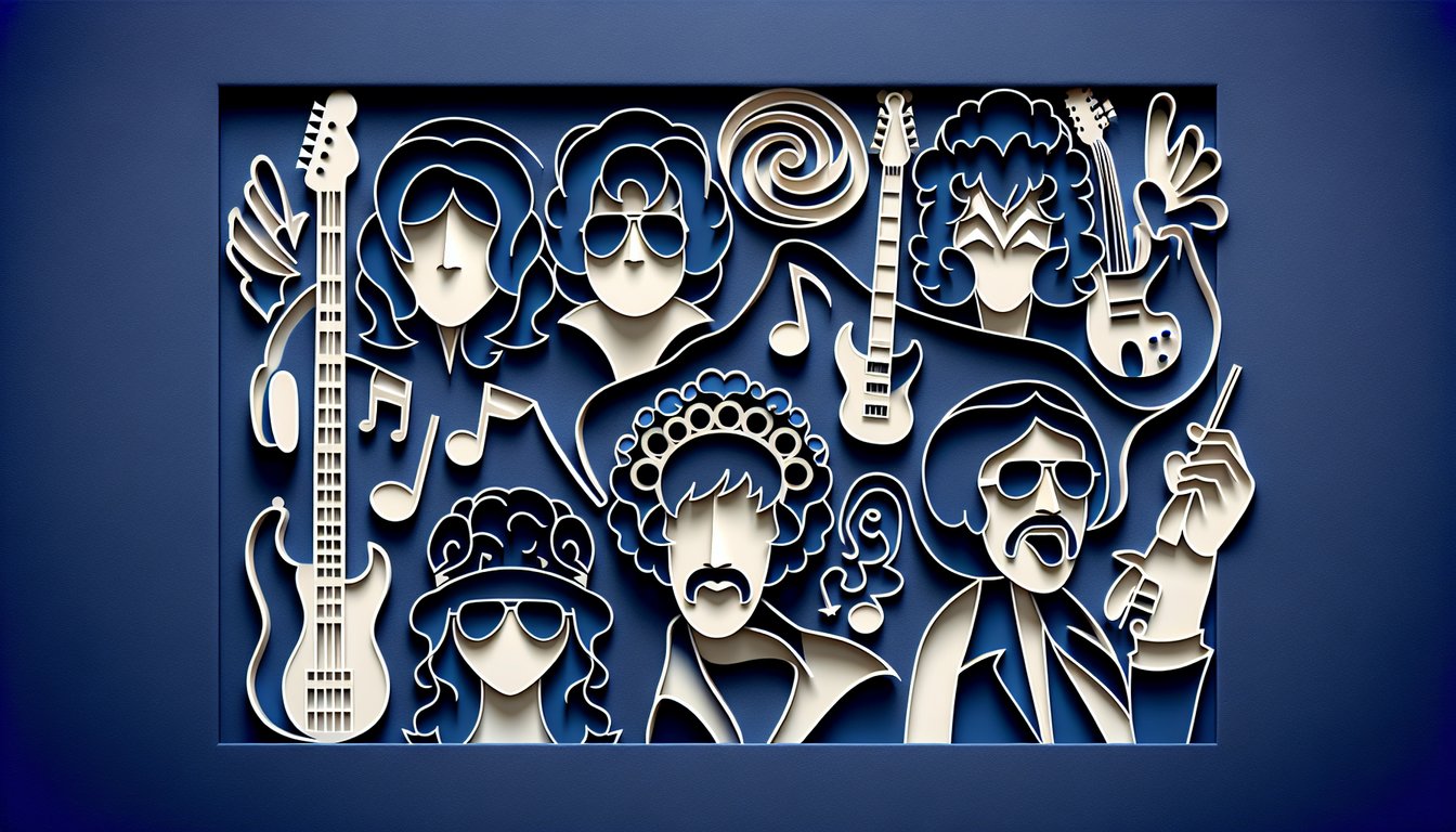 Paper art illustration for Kiss quiz featuring silhouettes with makeup accents guitars trivia icons on dark blue background