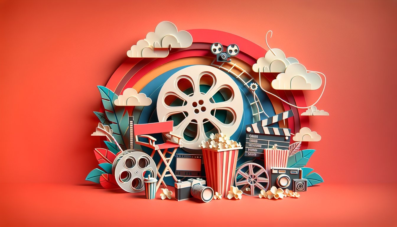 Paper art illustration for cult classic film trivia quiz on coral background