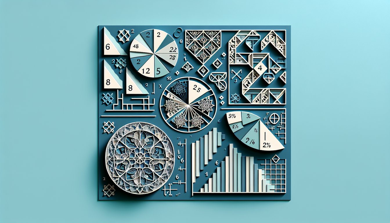 Paper art illustration for 6th grade math trivia quiz on a teal background