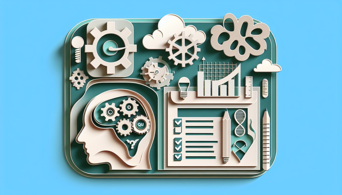 Paper art illustration for a Psychology Chapter 1 quiz on a teal background