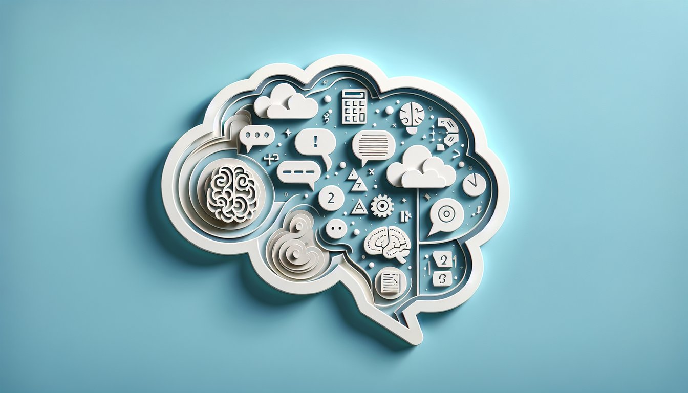 Paper cut art of quiz materials icons pencils math symbols logic shapes and letters on a sky blue background