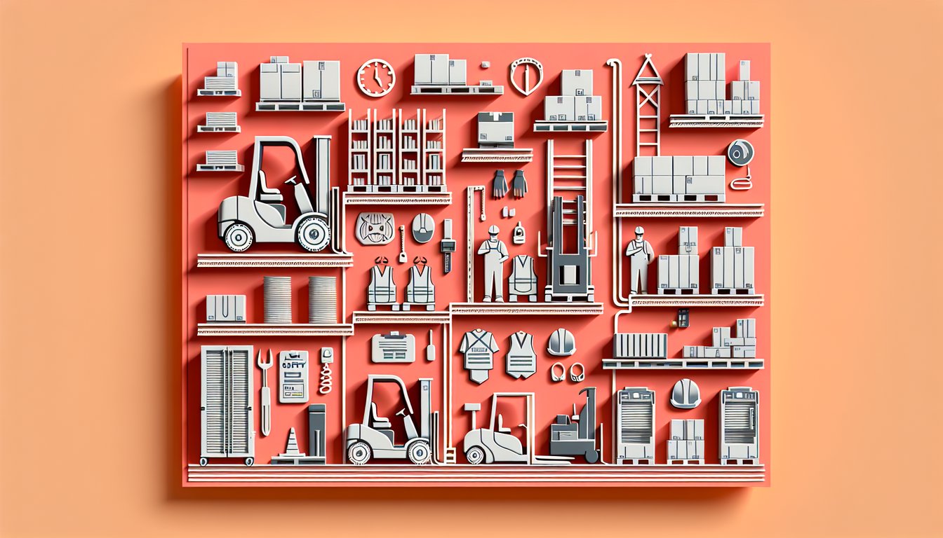 Paper art style quiz banner with forklift boxes clipboard safety helmet pallet icons on coral background