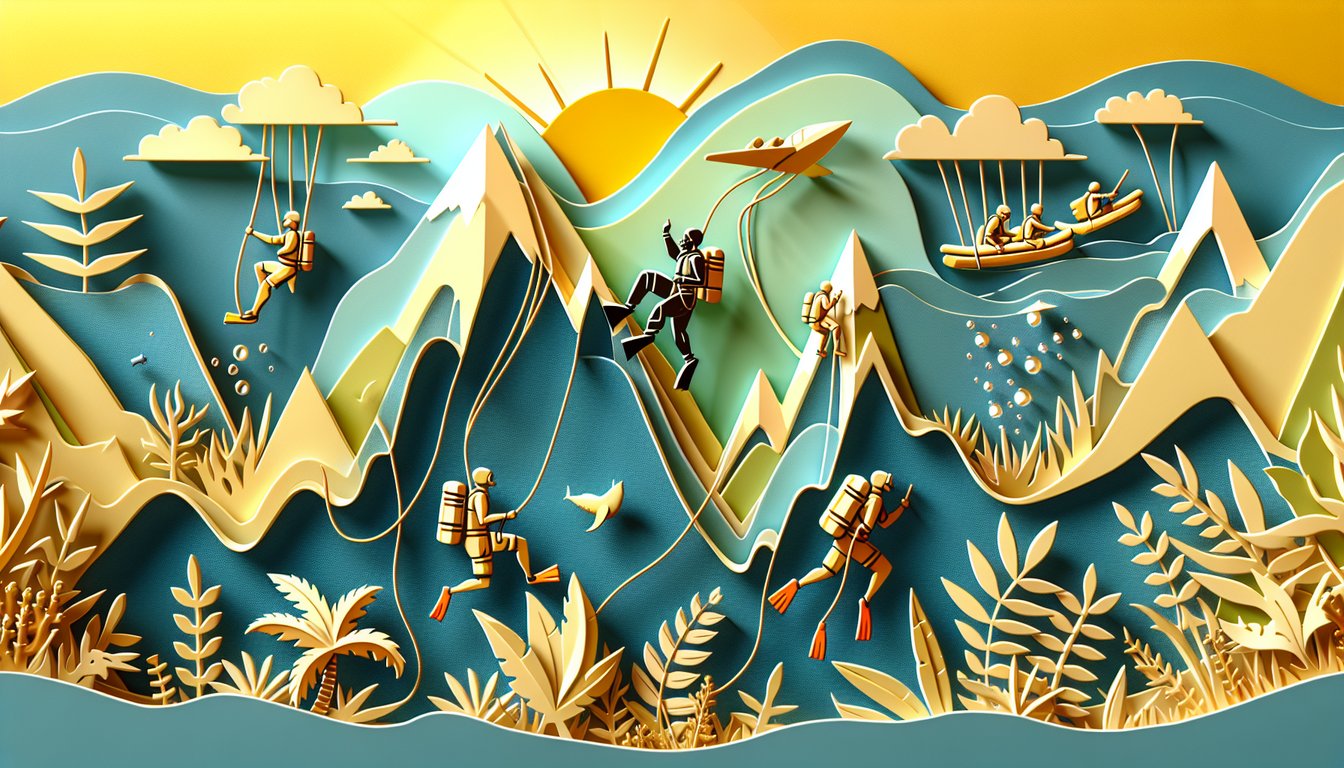 Paper art scene with mountain peaks compass hot air balloon and quiz text about adventure spirit on golden yellow background