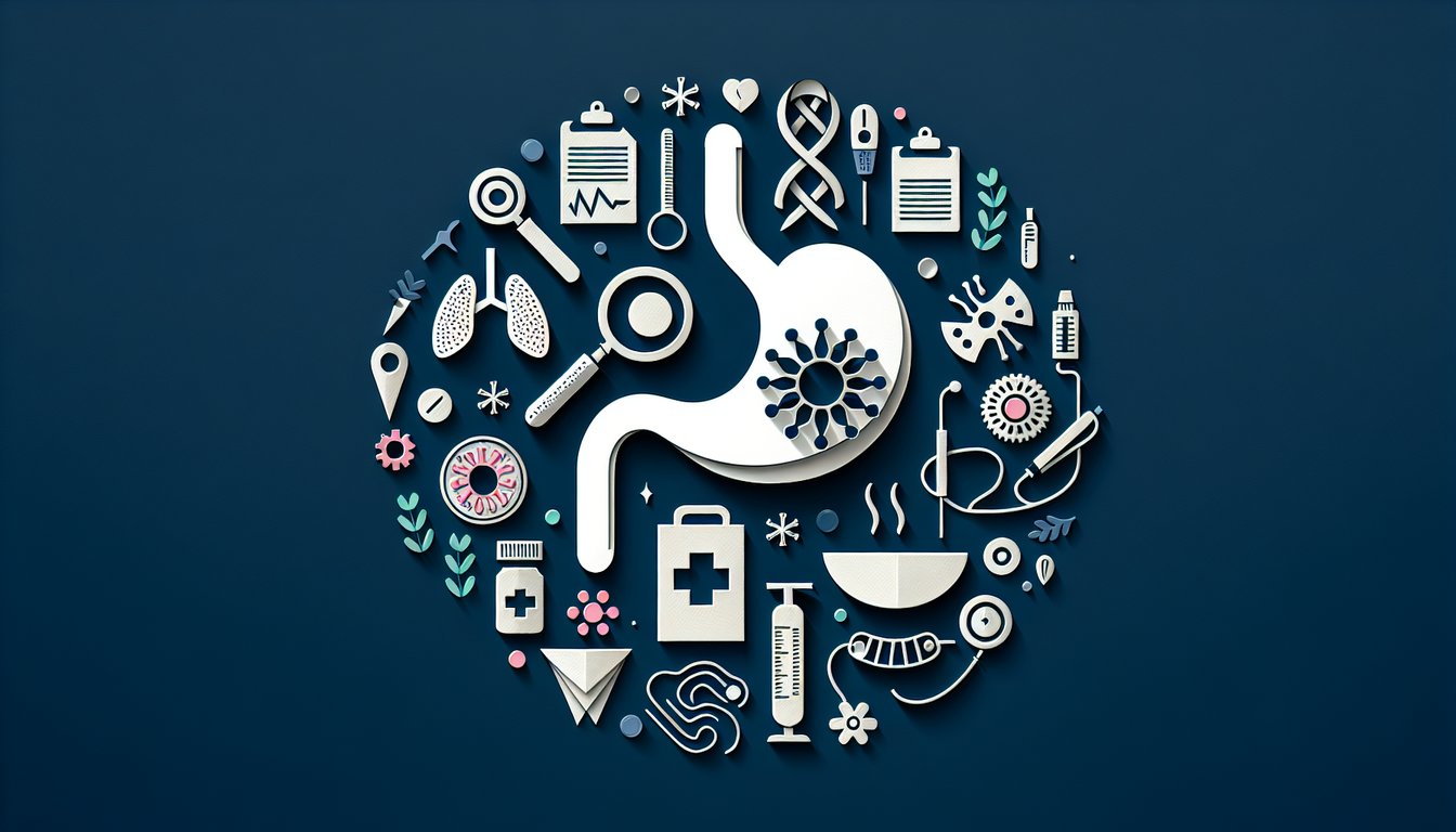 Colorful paper art depicting a quiz on stomach cancer knowledge