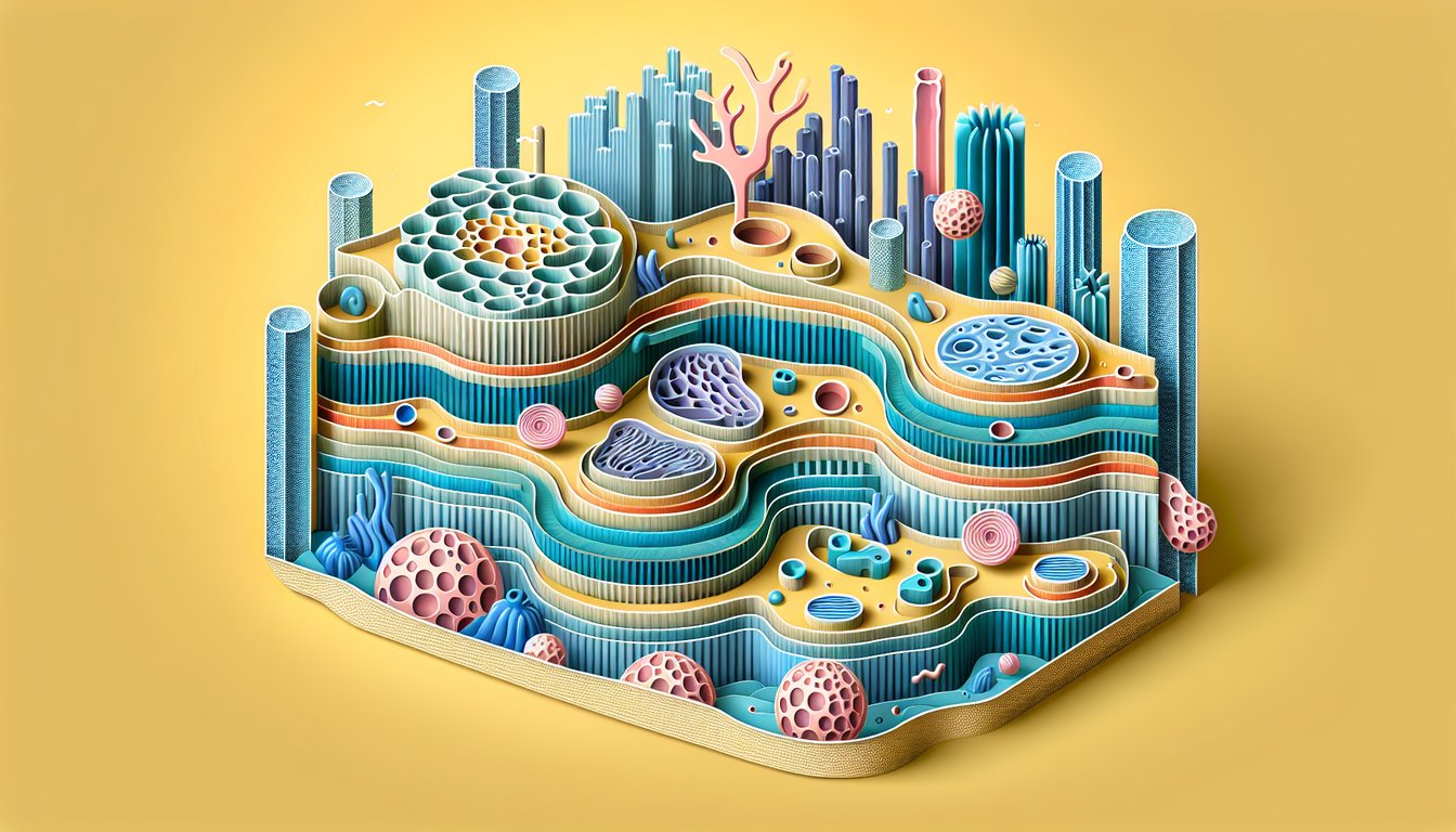 Paper art illustration of stylized collagen fibers and cells for connective tissue quiz on golden yellow background