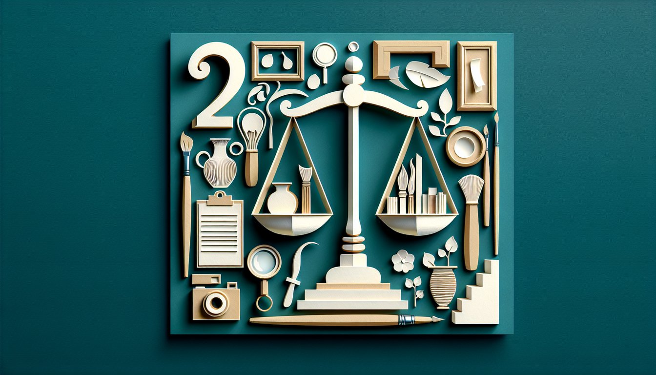 Paper cut art shapes with price tag on teal background representing art pricing skills quiz