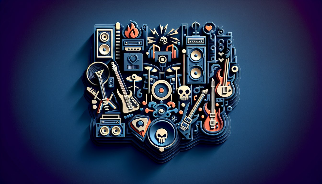 paper art collage of metal symbols and bold text on dark blue background inviting quiz takers to find their metal subgenre
