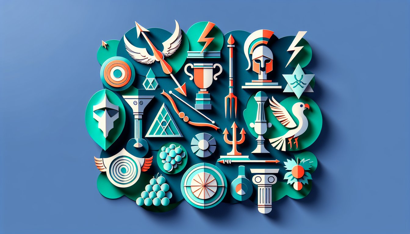Paper art with laurel wreath trident lightning bolt owl shapes suggesting Olympian gods on teal background for quiz