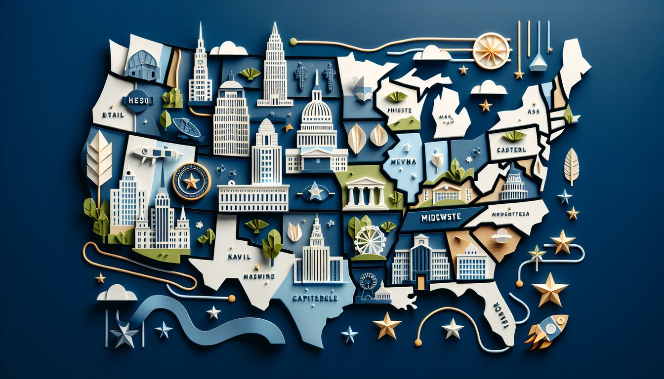 Colorful paper art promoting Midwest Capital Challenge, a geography quiz for middle school students.