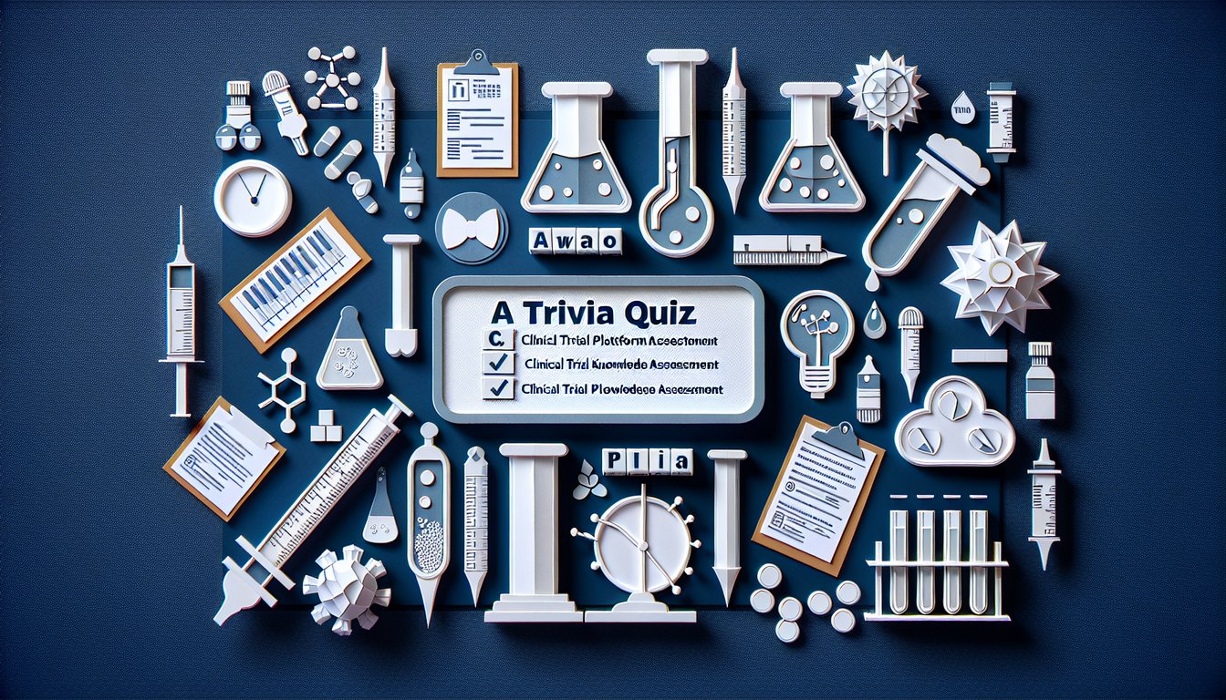 Colorful paper art depicting a quiz on Clinical Trial Platform Knowledge Assessment