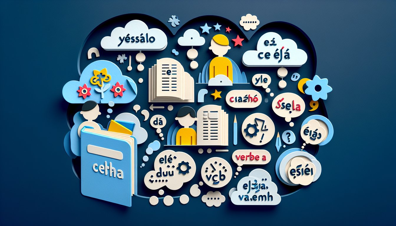 Paper cut art depicting Spanish verbs quiz icons letters checkmarks question marks on dark blue background