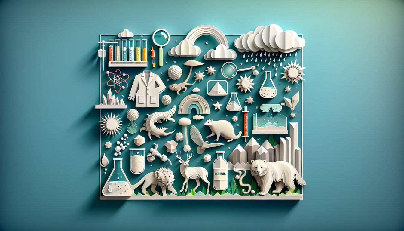 Paper art illustrating a science quiz on lab safety, animal adaptations, basic phenomena on teal background