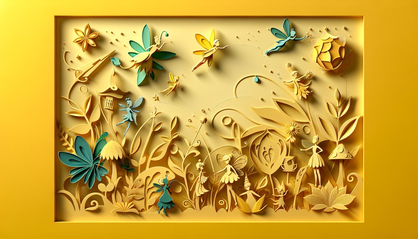 Paper art style illustration features playful fairy silhouettes floating above quiz title on golden yellow background