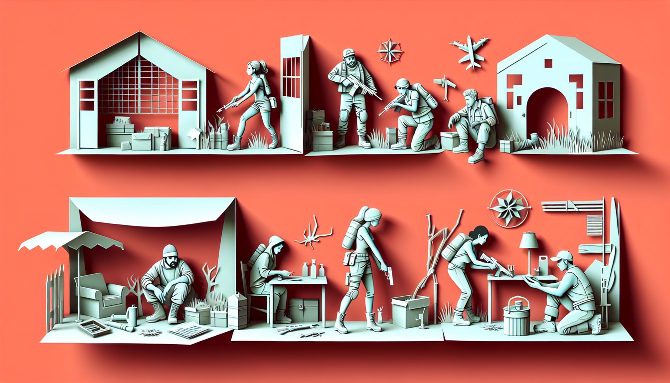Paper art scene with survivor gear maps and zombie silhouettes on coral background for zombie survival quiz
