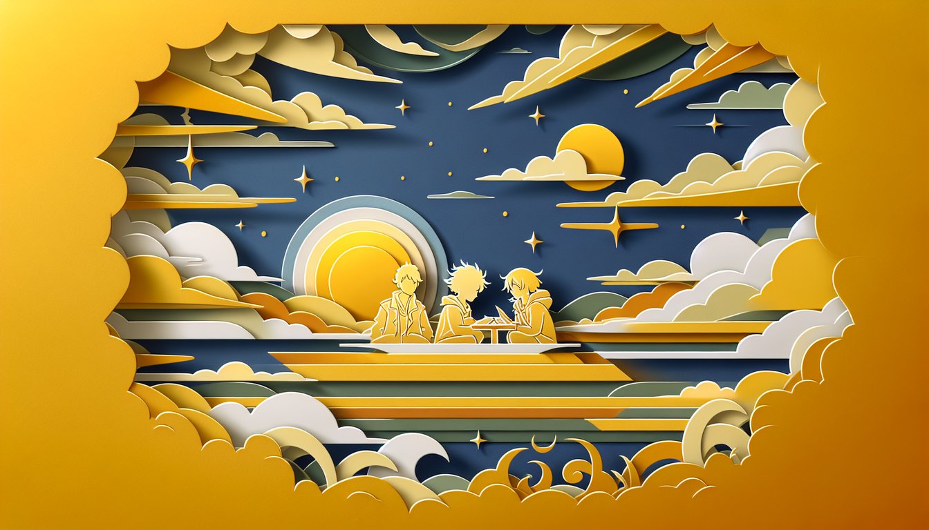Paper art style of Nii Yugito and Matatabi swirling tails layered on golden yellow background Naruto Jinchuuriki quiz theme.