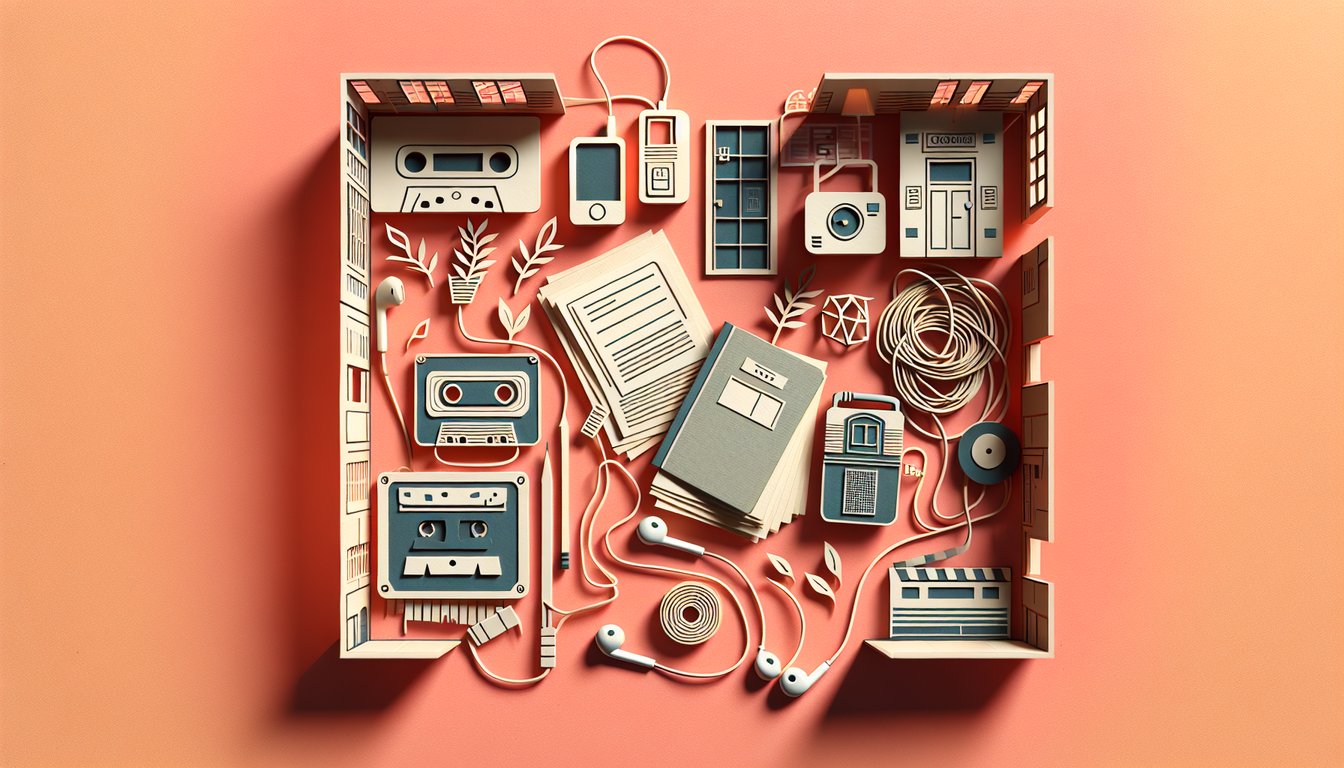 Paper art scene of characters and cassette tapes on coral background with 13 reasons why quiz text elements and book icons