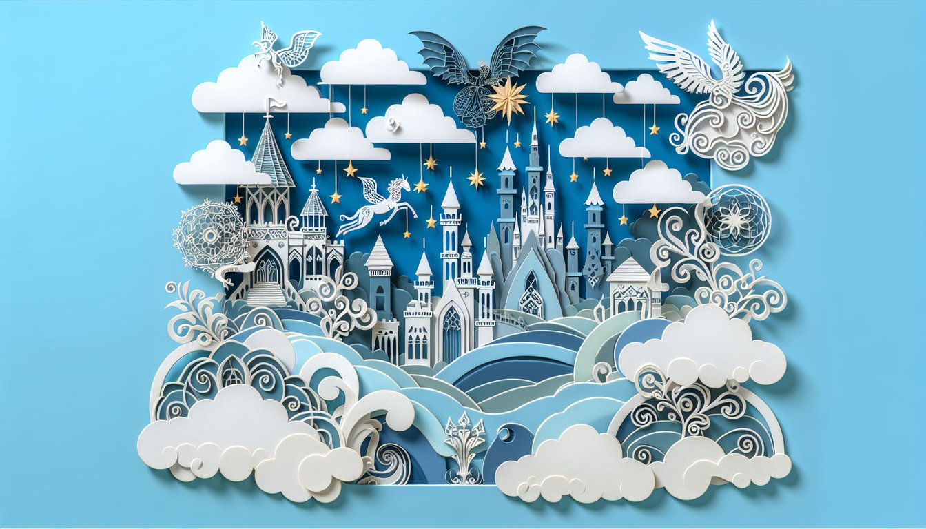 Paper art illustration of fairytale icons and book pages on sky blue background for Once Upon a Time Season 1 trivia quiz