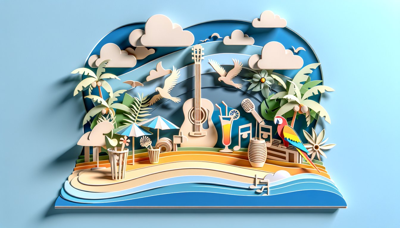 Paper art illustration for Jimmy Buffett trivia quiz on a sky blue background
