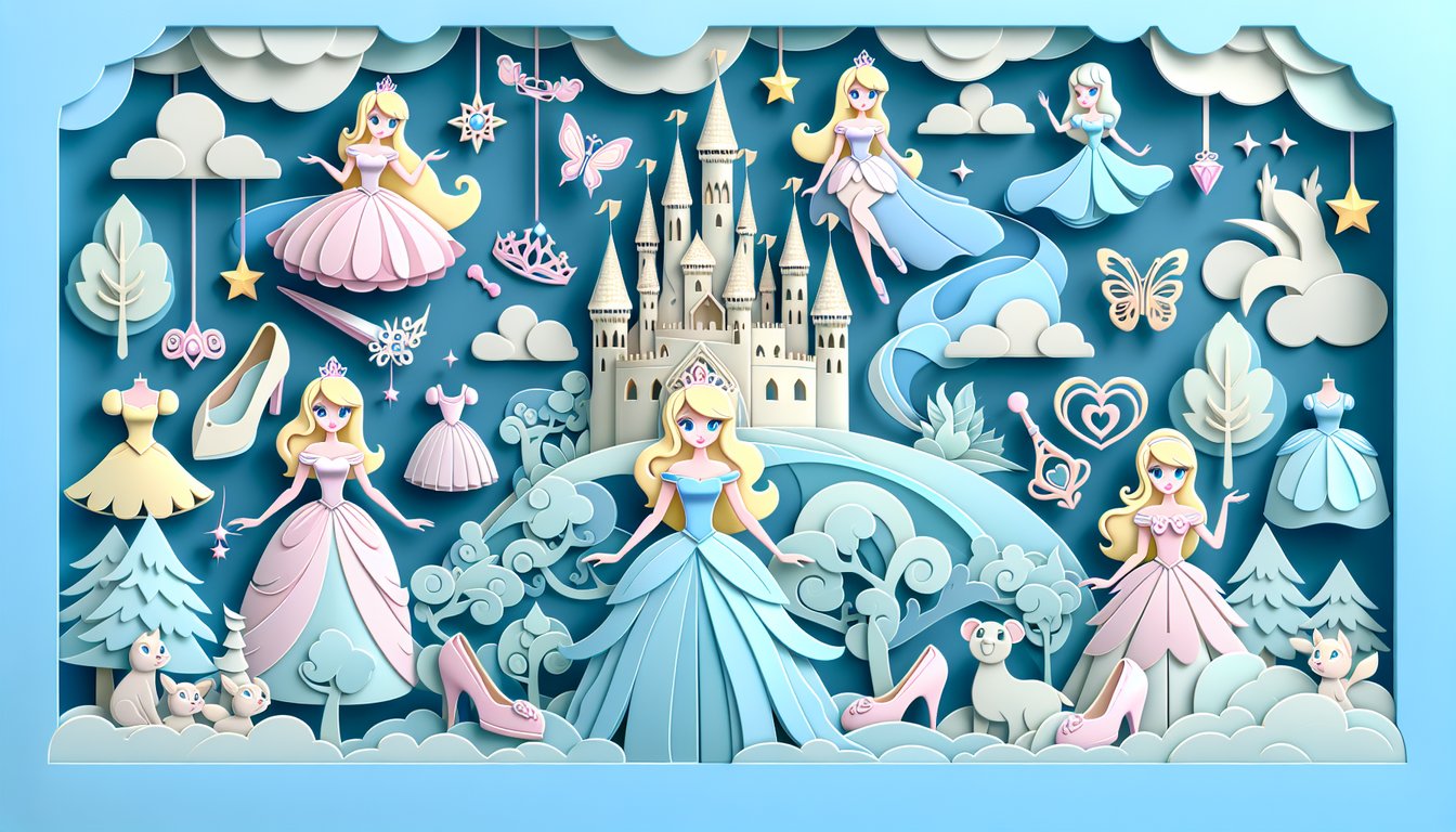Paper art illustration for quiz about matching your style with a blonde Disney character on a sky blue background.