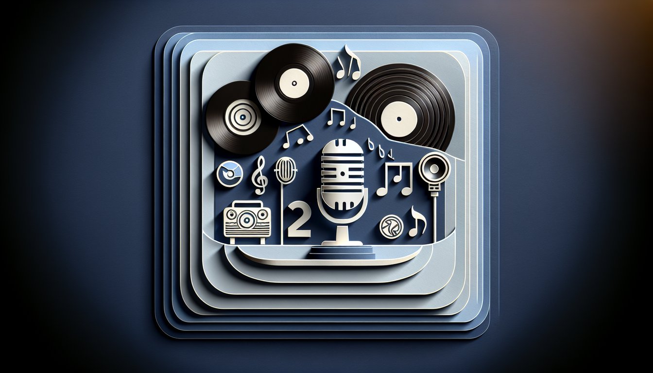 Paper art collage of fedora microphone and musical notes for Frank Sinatra trivia quiz on dark blue background