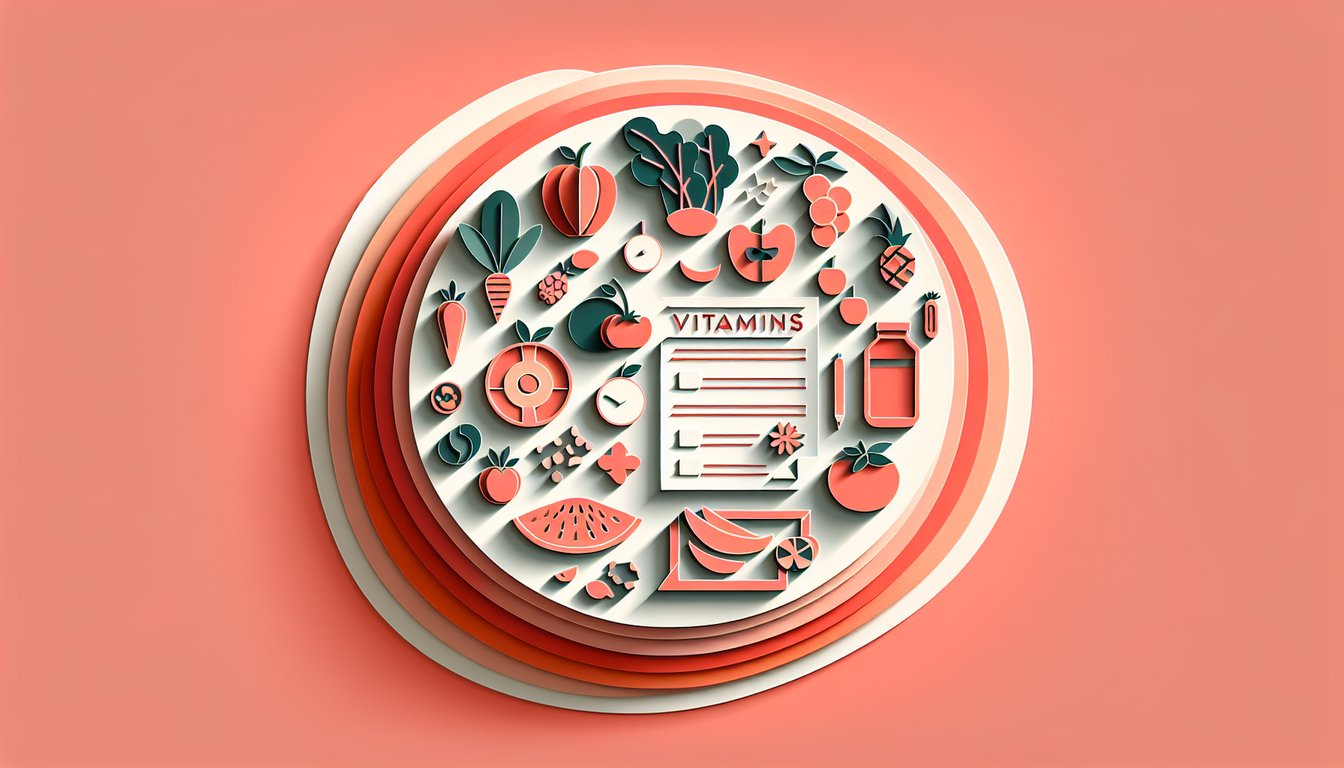 Paper art vitamin quiz illustration featuring cutout fruits leaves capsules on a coral background