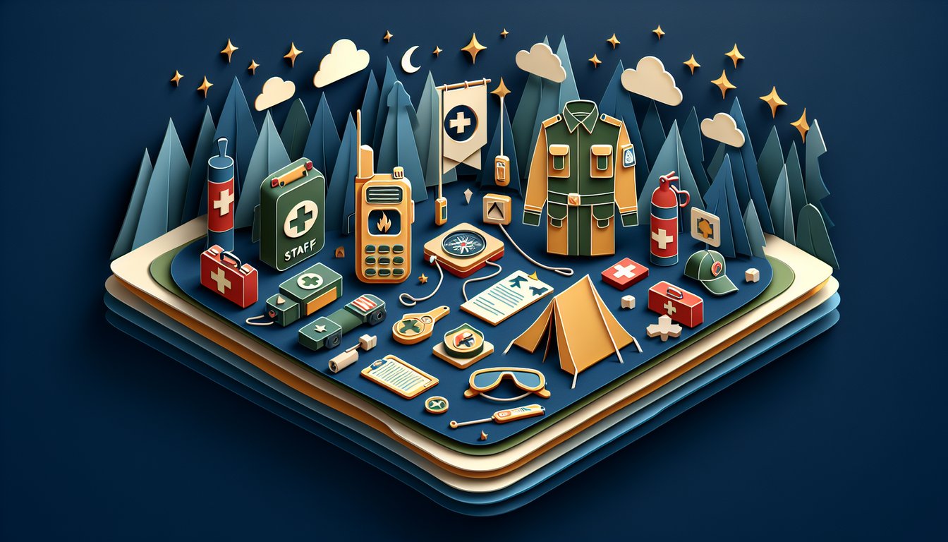 Paper art camp graphics on dark blue background with quiz banner safety helmet staff icons gear for management tips