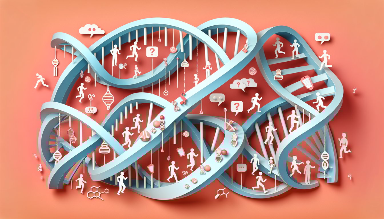 Paper art DNA double helix strands and quiz icons on coral background