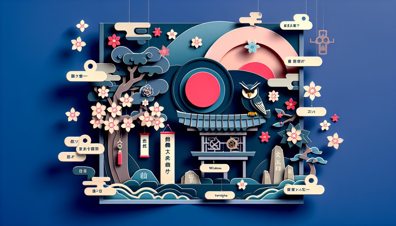 Paper art illustration for a quiz to discover your Japanese name on a dark blue background