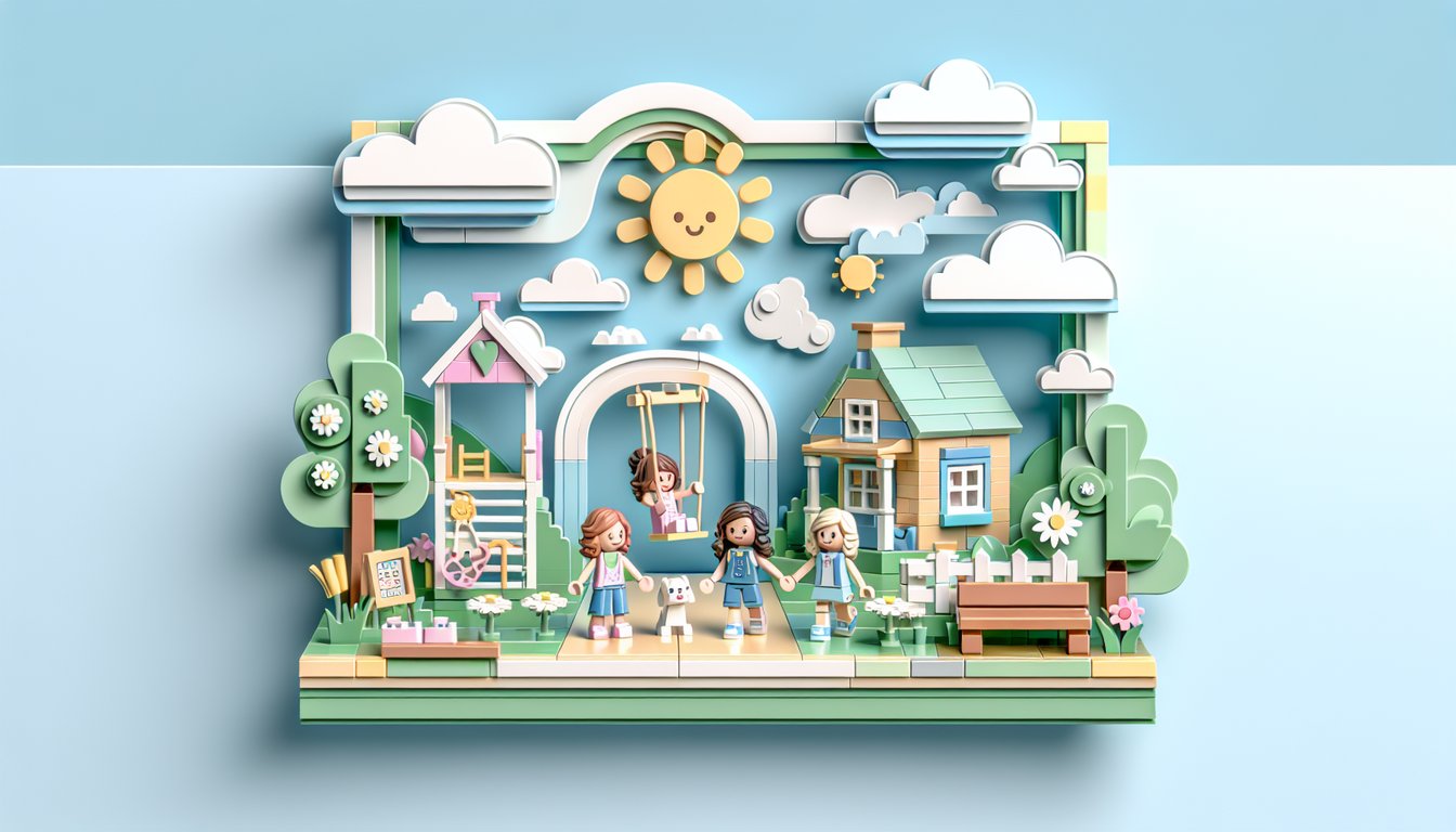 Paper art illustration for Lego Friends Girls On a Mission personality quiz on sky blue background