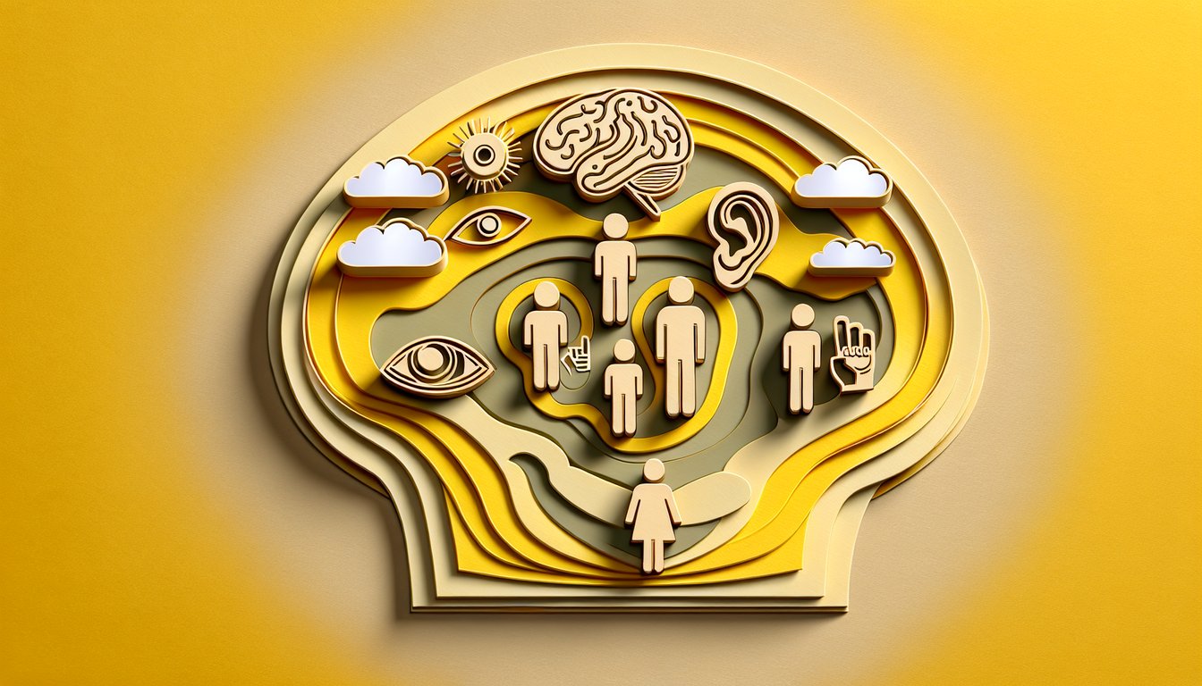 Paper art illustration of study icons on golden yellow background for quiz about learning styles