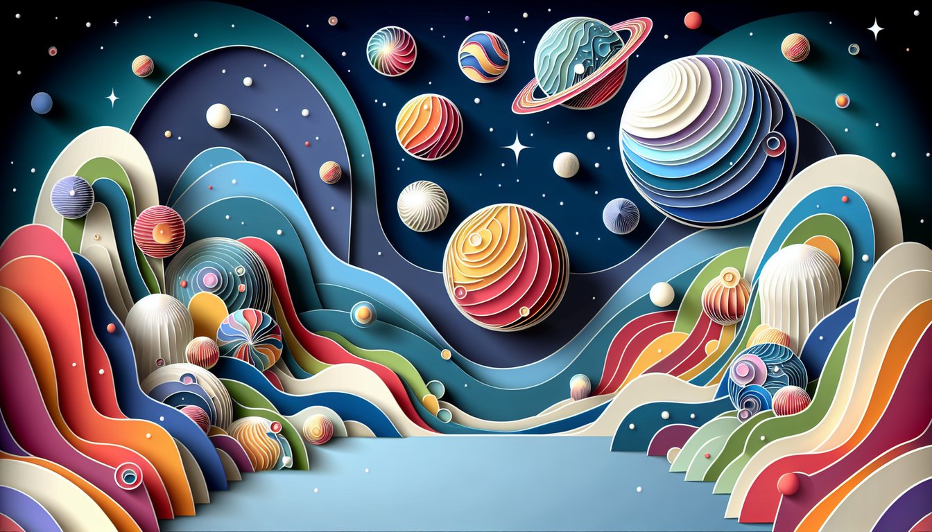 Paper art illustration for a personality quiz determining your cosmic traits and planet origin on a dark blue background.