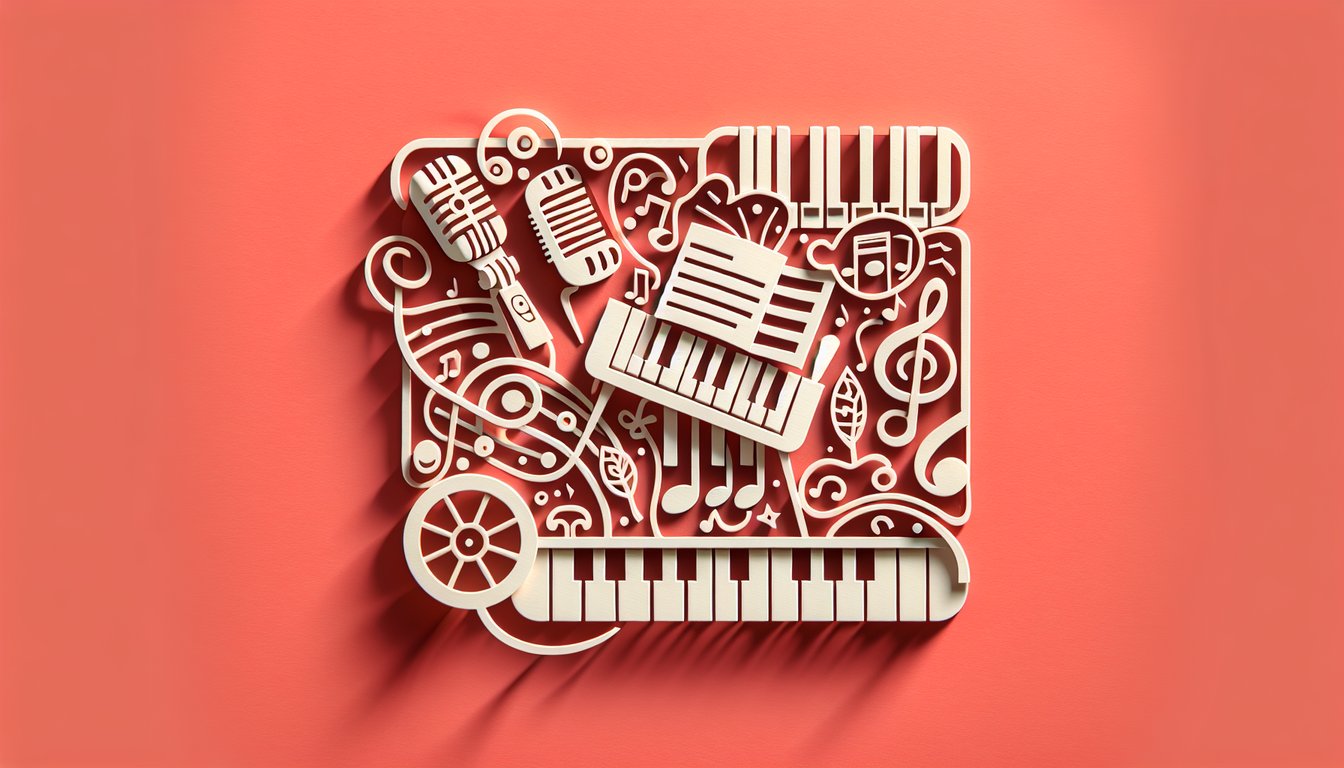 paper art illustration with piano keys, sheet music, vinyl record, billy joel lyrics quiz text on coral background